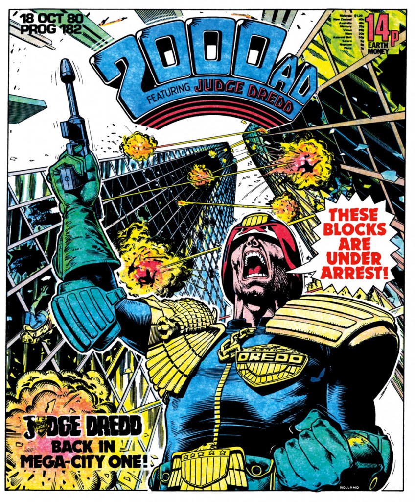 Block war! The iconic cover of prog 182 by Brian Bolland was emulated in the movie Judge Dredd (1995) starring Sylvester Stallone